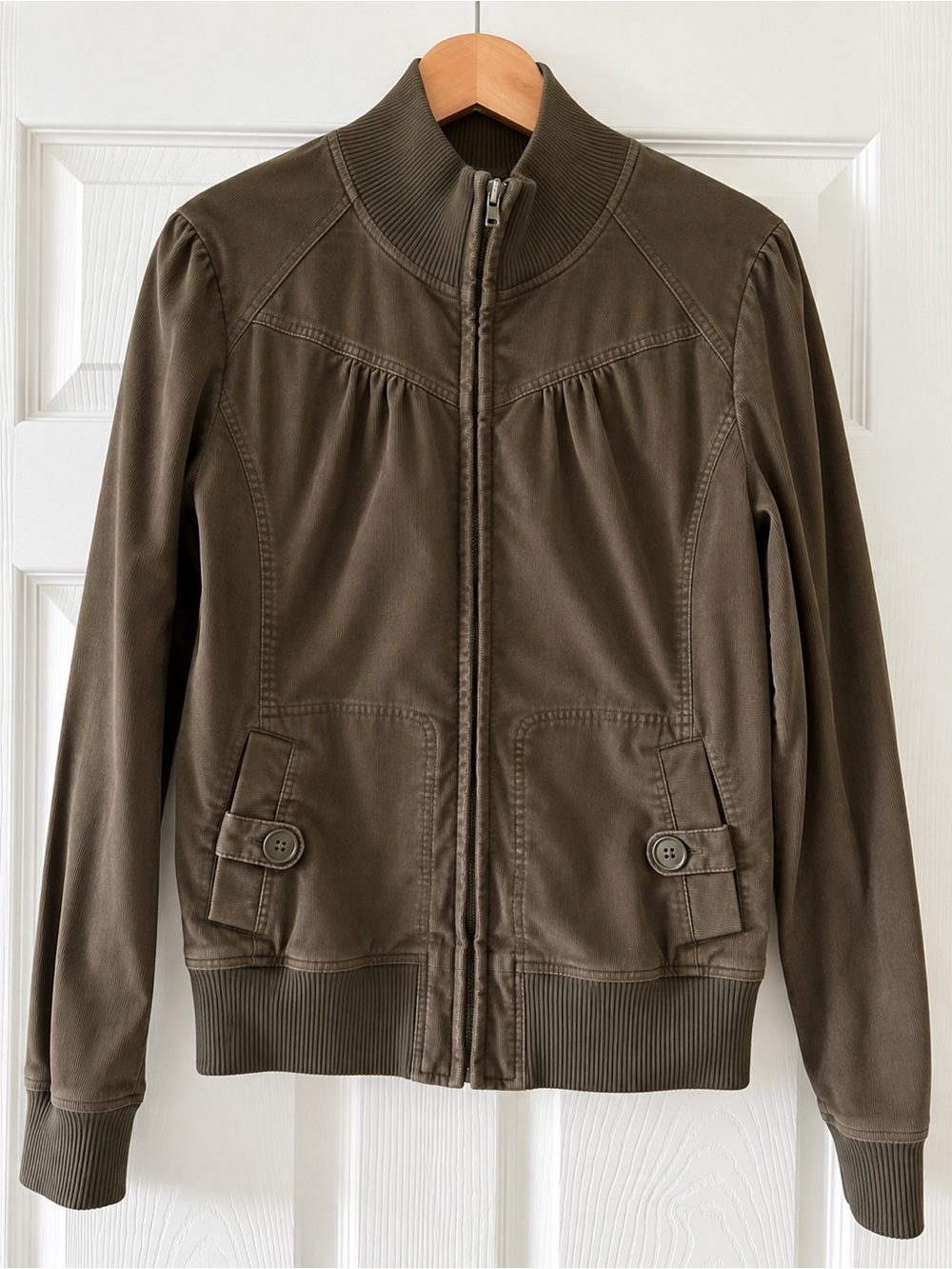Rubbish Olive Corduroy Bomber Jacket with Button Flap Pockets